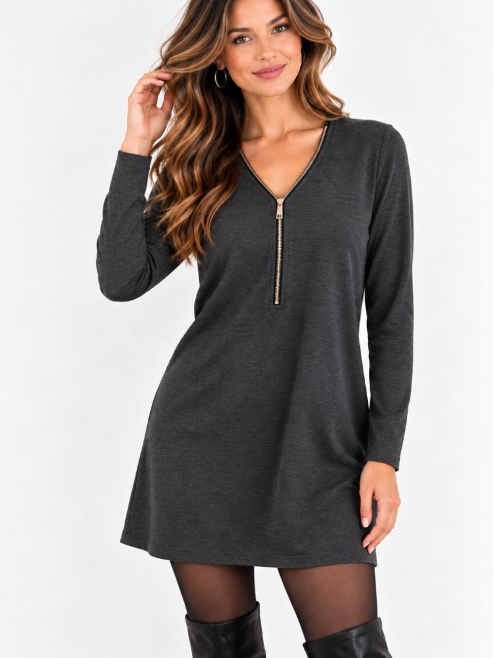 Charie Paige Womens Gray Black Mini Dress S Long Sleeve Zip Accent Grunge NEW